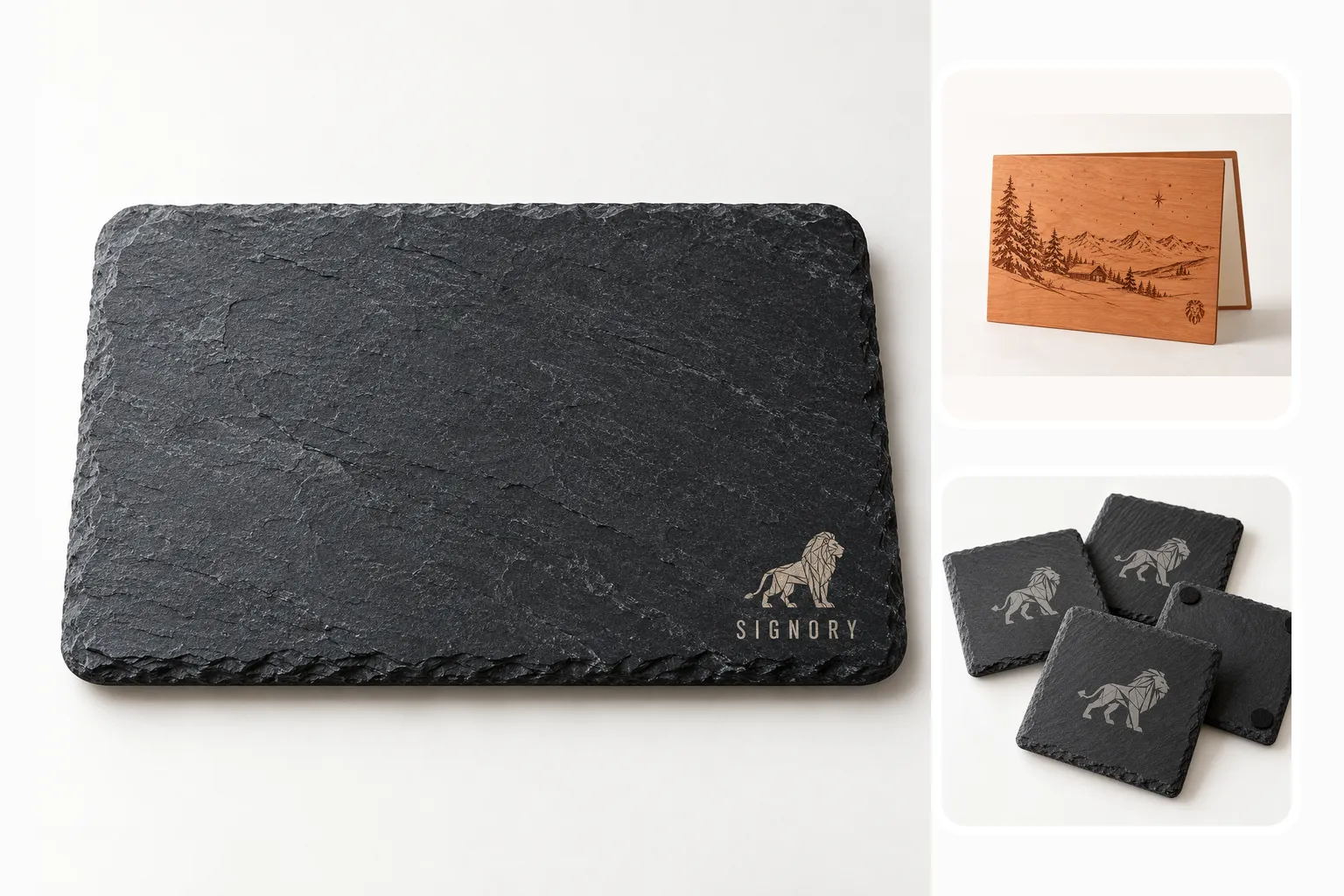 Visuel d'illustration : plateau et dessous de verre en ardoise gravés, carte de vœux en bois