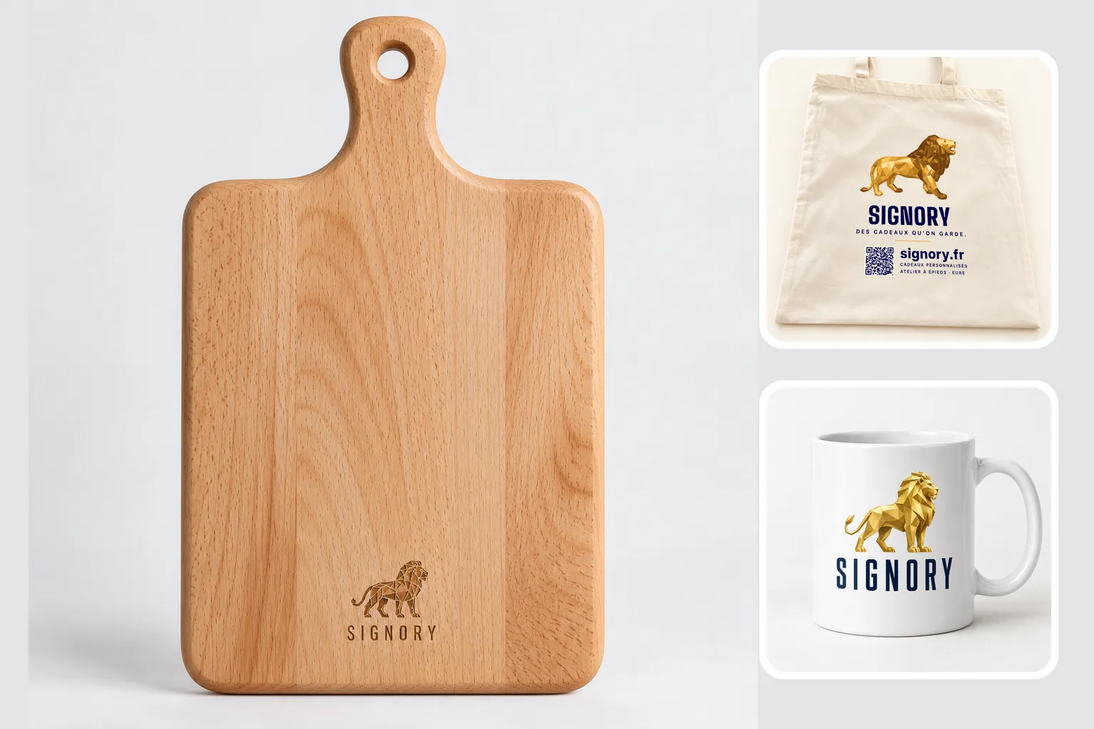 Visuel d'illustration : planche à découper gravée, mug et tote bag au logo