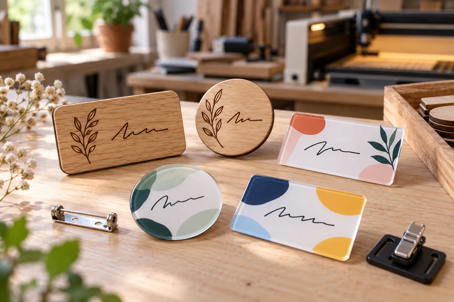 Visuel d'illustration : Badges nominatifs en bois gravé et en acrylique imprimé, avec leurs fixations