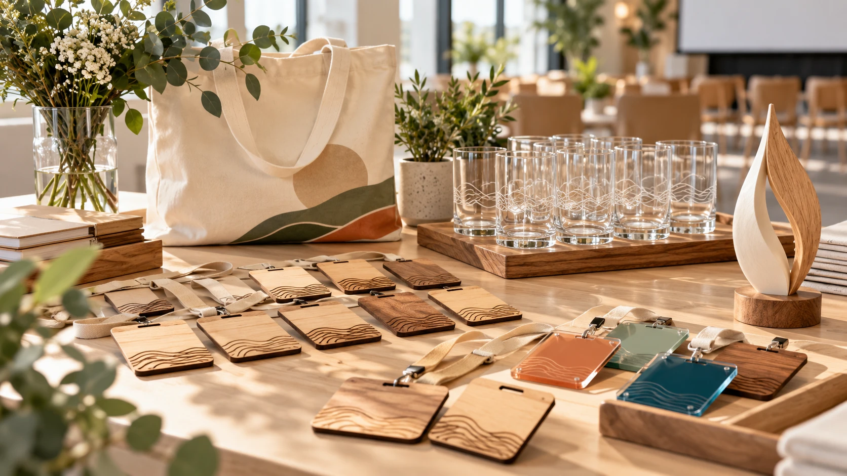 Visuel d'illustration : Badges en bois et en acrylique, verres gravés et tote bag pour un événement
