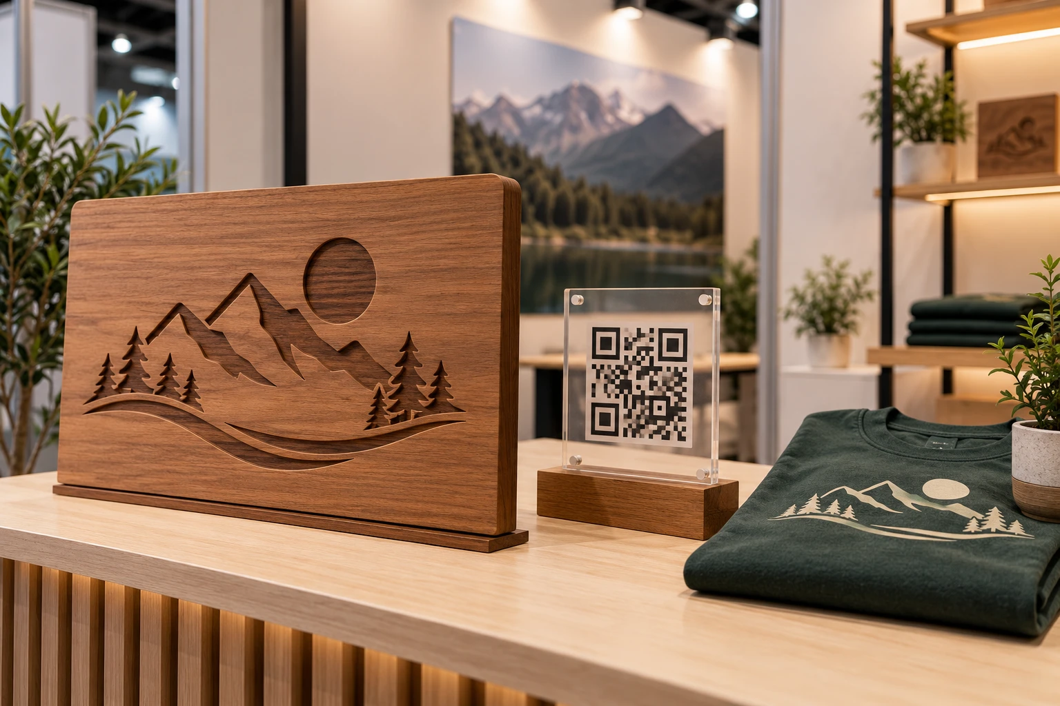 Visuel d'illustration : Panneau de stand en bois gravé, chevalet QR code en acrylique et t-shirt imprimé