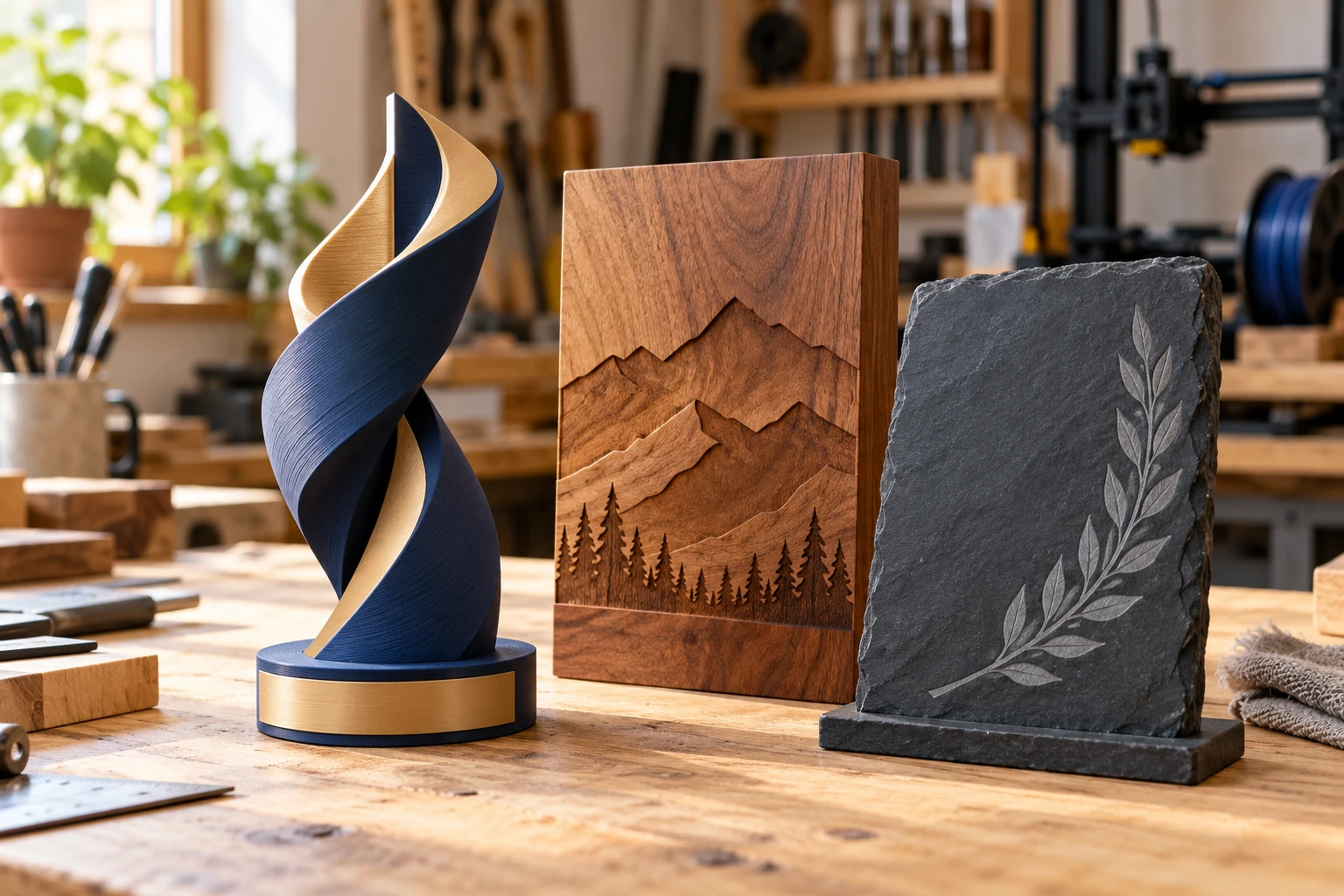 Visuel d'illustration : Trophée imprimé en 3D, plaque en bois gravé et plaque en ardoise
