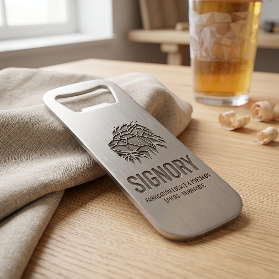 Engraved steel bottle opener (illustrative image)